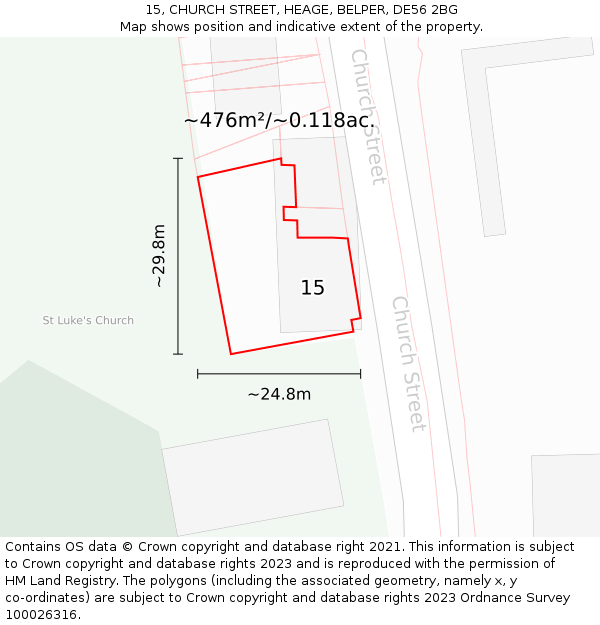 15, CHURCH STREET, HEAGE, BELPER, DE56 2BG: Plot and title map