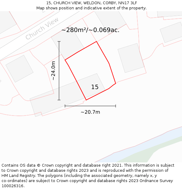 15, CHURCH VIEW, WELDON, CORBY, NN17 3LF: Plot and title map