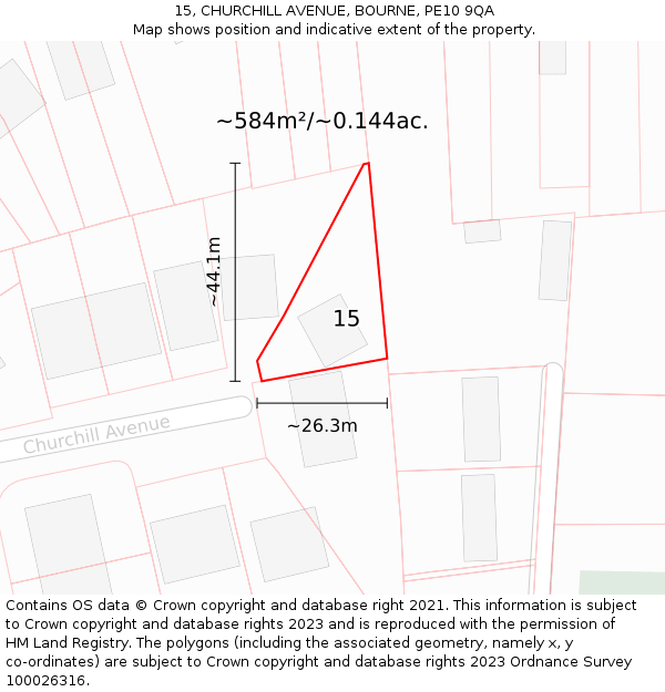 15, CHURCHILL AVENUE, BOURNE, PE10 9QA: Plot and title map