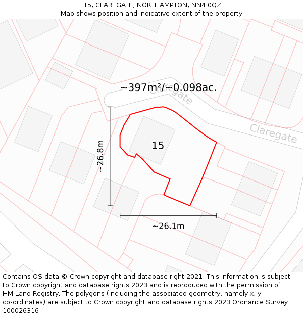 15, CLAREGATE, NORTHAMPTON, NN4 0QZ: Plot and title map