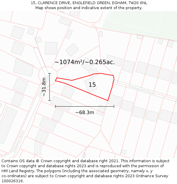 15, CLARENCE DRIVE, ENGLEFIELD GREEN, EGHAM, TW20 0NL: Plot and title map