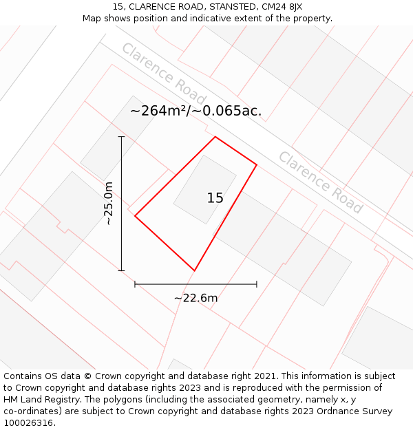 15, CLARENCE ROAD, STANSTED, CM24 8JX: Plot and title map