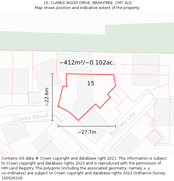 15, CLARKS WOOD DRIVE, BRAINTREE, CM7 3LD: Plot and title map