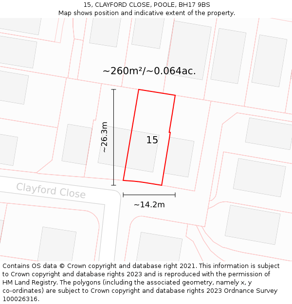 15, CLAYFORD CLOSE, POOLE, BH17 9BS: Plot and title map