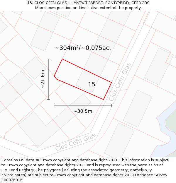 15, CLOS CEFN GLAS, LLANTWIT FARDRE, PONTYPRIDD, CF38 2BS: Plot and title map