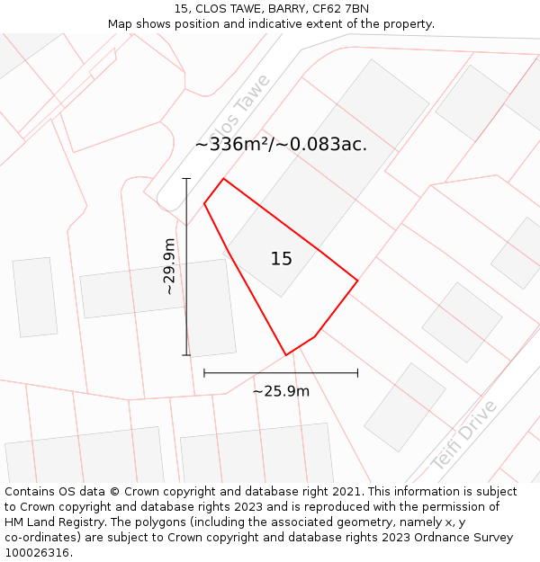 15, CLOS TAWE, BARRY, CF62 7BN: Plot and title map