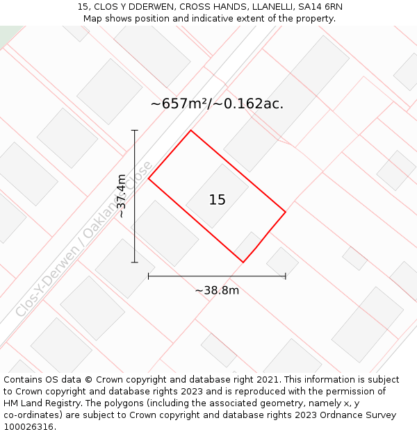 15, CLOS Y DDERWEN, CROSS HANDS, LLANELLI, SA14 6RN: Plot and title map