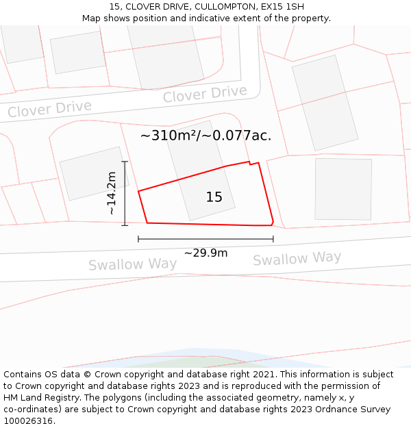 15, CLOVER DRIVE, CULLOMPTON, EX15 1SH: Plot and title map