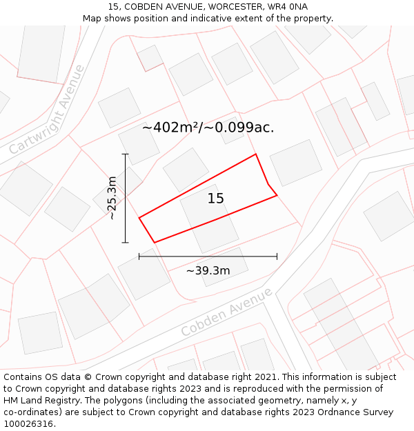 15, COBDEN AVENUE, WORCESTER, WR4 0NA: Plot and title map