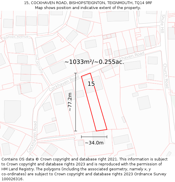 15, COCKHAVEN ROAD, BISHOPSTEIGNTON, TEIGNMOUTH, TQ14 9RF: Plot and title map