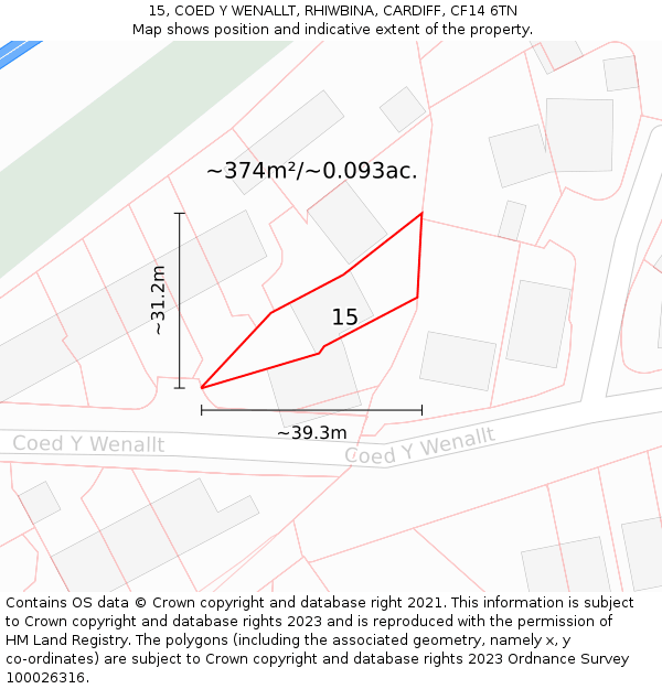 15, COED Y WENALLT, RHIWBINA, CARDIFF, CF14 6TN: Plot and title map