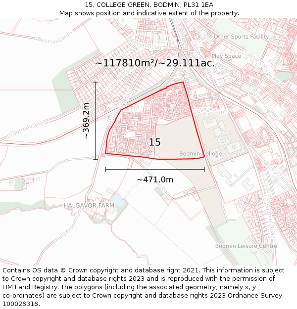 15, COLLEGE GREEN, BODMIN, PL31 1EA: Plot and title map