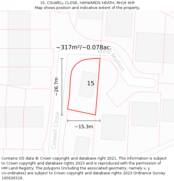 15, COLWELL CLOSE, HAYWARDS HEATH, RH16 4HF: Plot and title map