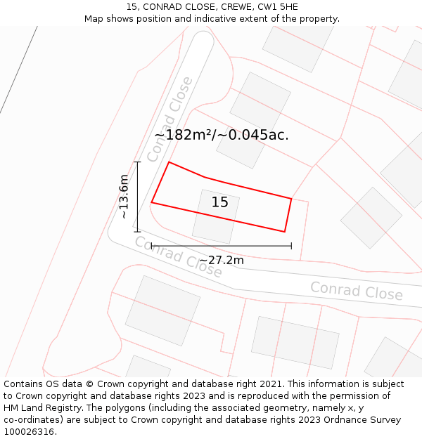 15, CONRAD CLOSE, CREWE, CW1 5HE: Plot and title map