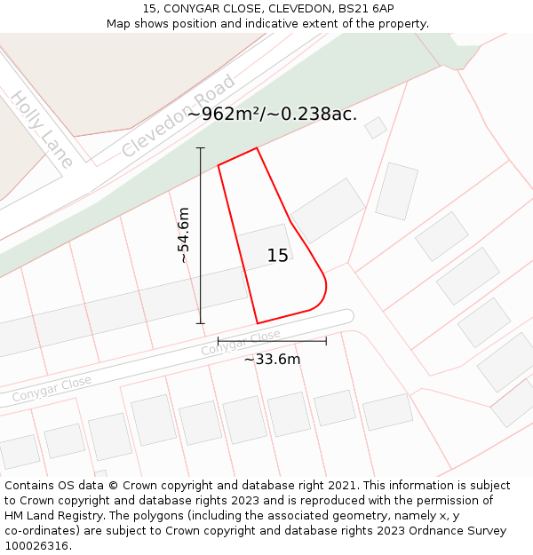 15, CONYGAR CLOSE, CLEVEDON, BS21 6AP: Plot and title map