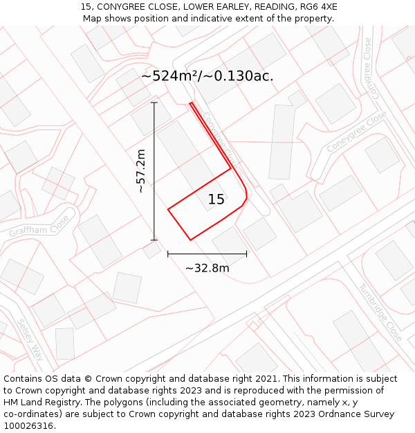 15, CONYGREE CLOSE, LOWER EARLEY, READING, RG6 4XE: Plot and title map