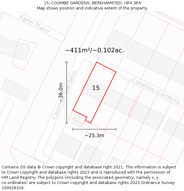 15, COOMBE GARDENS, BERKHAMSTED, HP4 3PA: Plot and title map