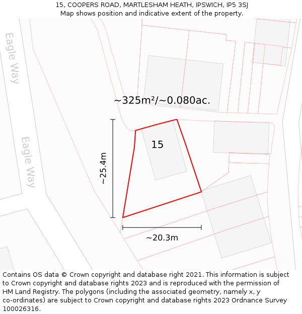 15, COOPERS ROAD, MARTLESHAM HEATH, IPSWICH, IP5 3SJ: Plot and title map