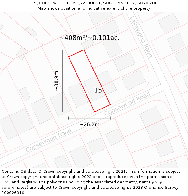 15, COPSEWOOD ROAD, ASHURST, SOUTHAMPTON, SO40 7DL: Plot and title map