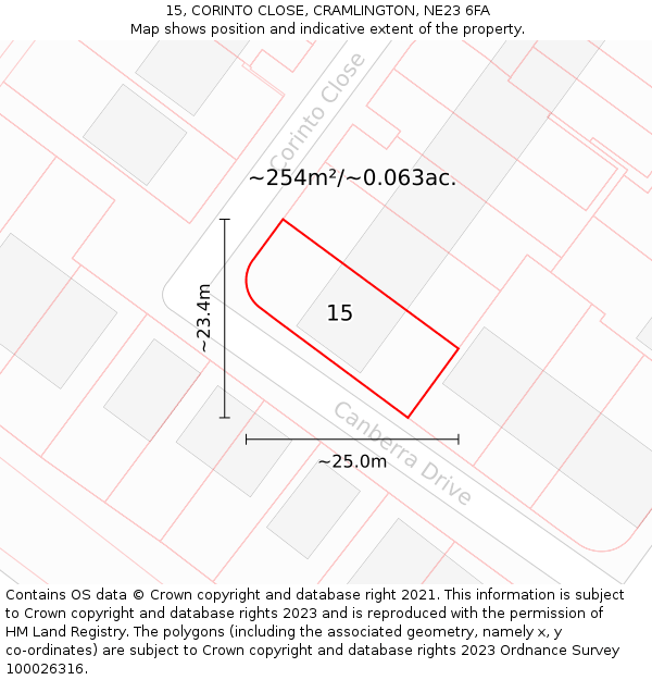 15, CORINTO CLOSE, CRAMLINGTON, NE23 6FA: Plot and title map
