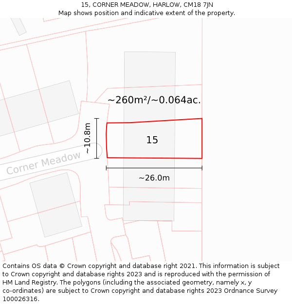 15, CORNER MEADOW, HARLOW, CM18 7JN: Plot and title map