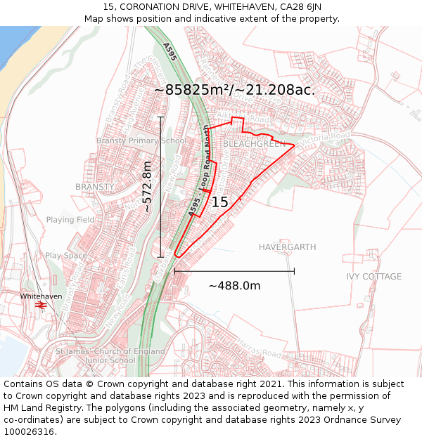 15, CORONATION DRIVE, WHITEHAVEN, CA28 6JN: Plot and title map