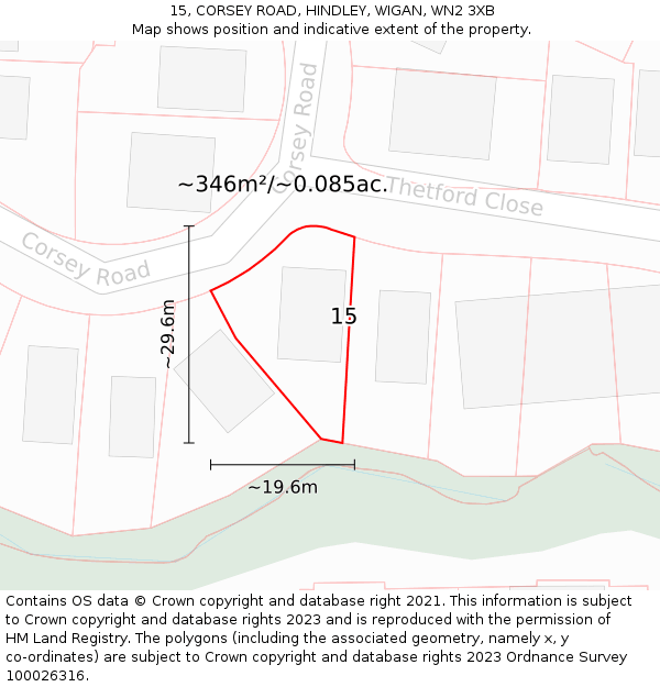 15, CORSEY ROAD, HINDLEY, WIGAN, WN2 3XB: Plot and title map