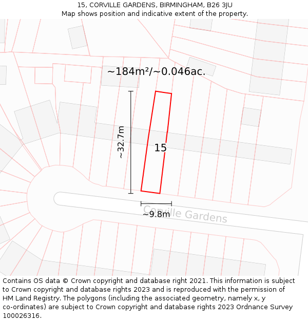 15, CORVILLE GARDENS, BIRMINGHAM, B26 3JU: Plot and title map