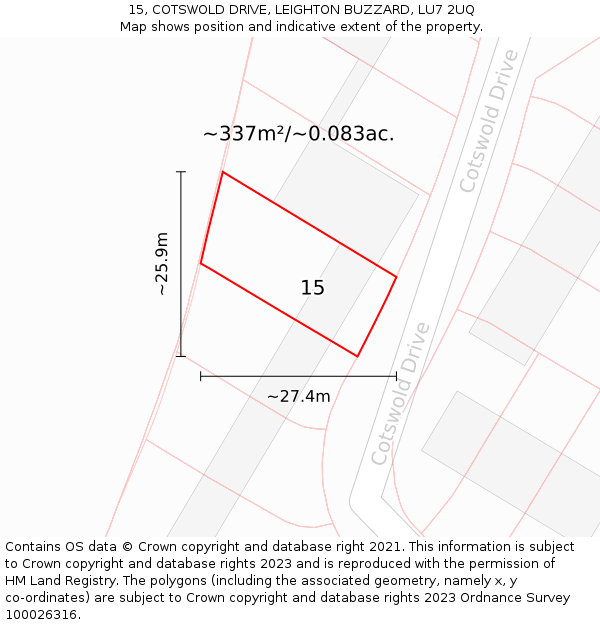 15, COTSWOLD DRIVE, LEIGHTON BUZZARD, LU7 2UQ: Plot and title map