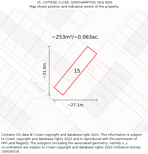 15, COTTAGE CLOSE, NORTHAMPTON, NN2 8QN: Plot and title map