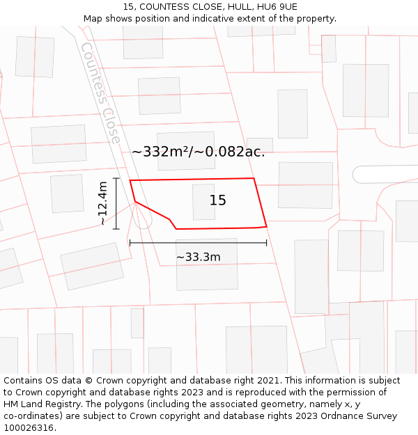 15, COUNTESS CLOSE, HULL, HU6 9UE: Plot and title map