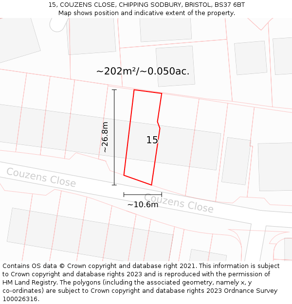 15, COUZENS CLOSE, CHIPPING SODBURY, BRISTOL, BS37 6BT: Plot and title map