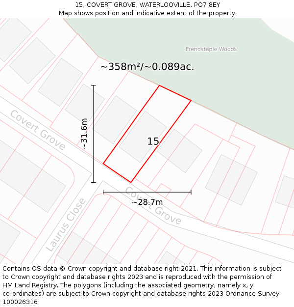 15, COVERT GROVE, WATERLOOVILLE, PO7 8EY: Plot and title map