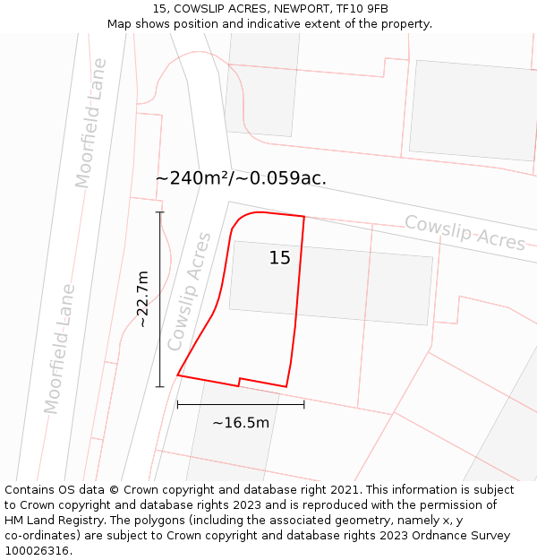 15, COWSLIP ACRES, NEWPORT, TF10 9FB: Plot and title map