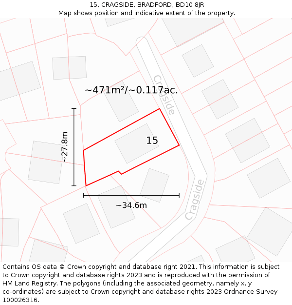 15, CRAGSIDE, BRADFORD, BD10 8JR: Plot and title map