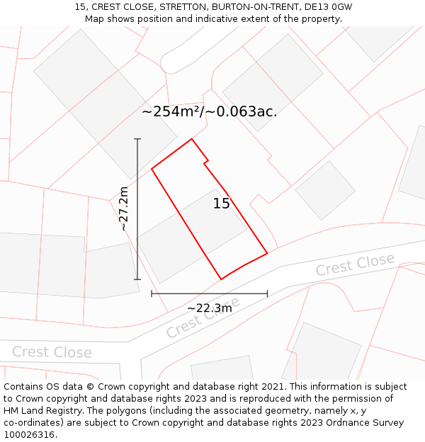 15, CREST CLOSE, STRETTON, BURTON-ON-TRENT, DE13 0GW: Plot and title map