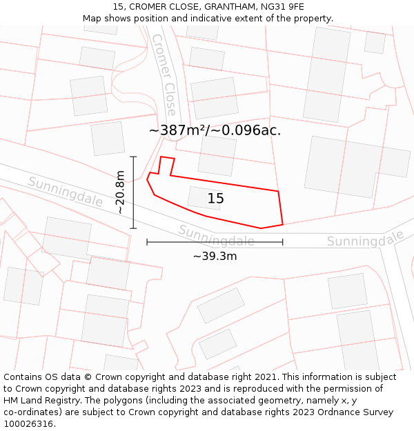 15, CROMER CLOSE, GRANTHAM, NG31 9FE: Plot and title map