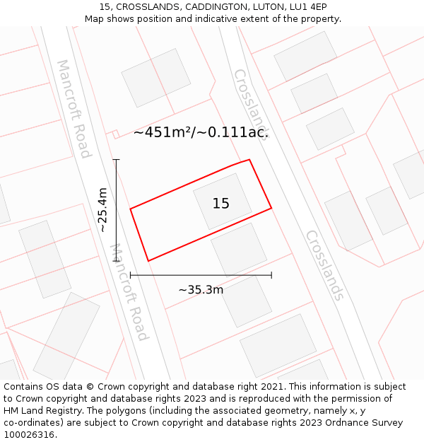 15, CROSSLANDS, CADDINGTON, LUTON, LU1 4EP: Plot and title map