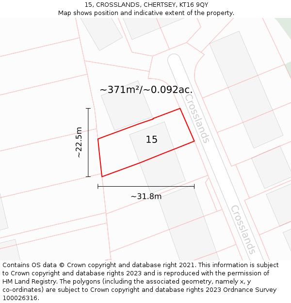 15, CROSSLANDS, CHERTSEY, KT16 9QY: Plot and title map