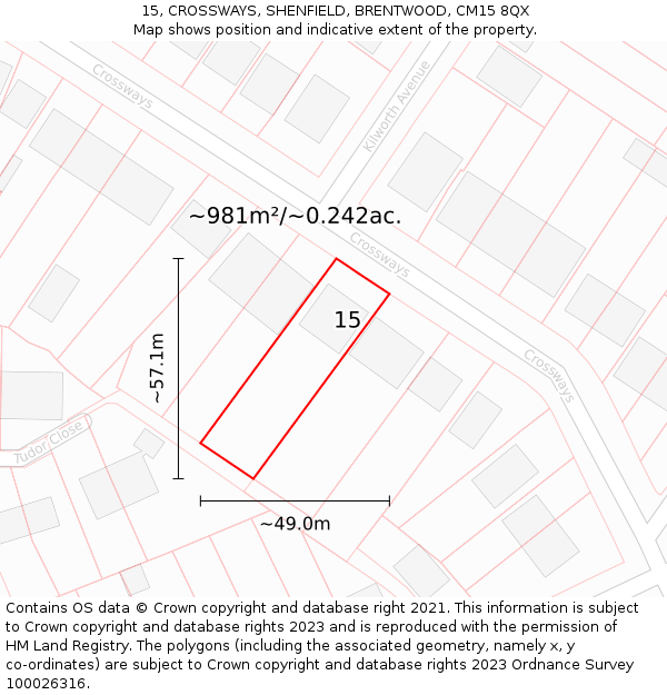 15, CROSSWAYS, SHENFIELD, BRENTWOOD, CM15 8QX: Plot and title map