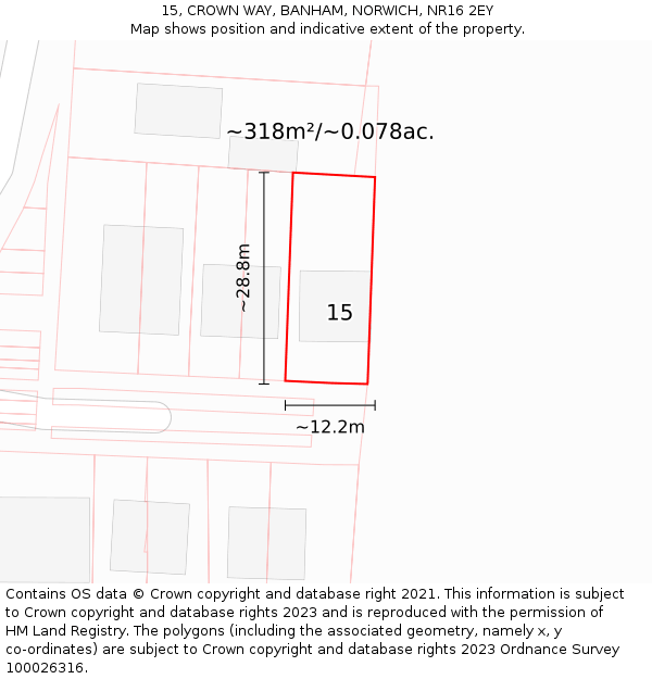 15, CROWN WAY, BANHAM, NORWICH, NR16 2EY: Plot and title map