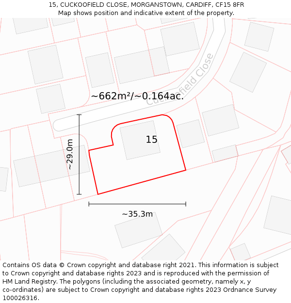 15, CUCKOOFIELD CLOSE, MORGANSTOWN, CARDIFF, CF15 8FR: Plot and title map