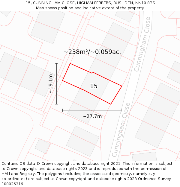 15, CUNNINGHAM CLOSE, HIGHAM FERRERS, RUSHDEN, NN10 8BS: Plot and title map