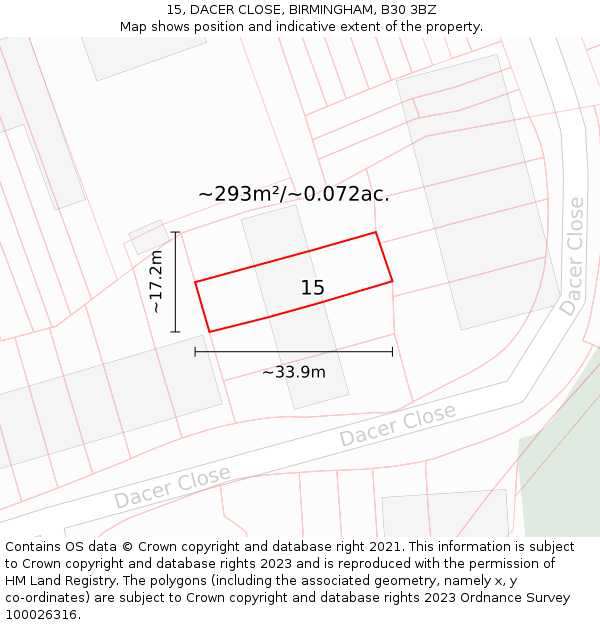 15, DACER CLOSE, BIRMINGHAM, B30 3BZ: Plot and title map