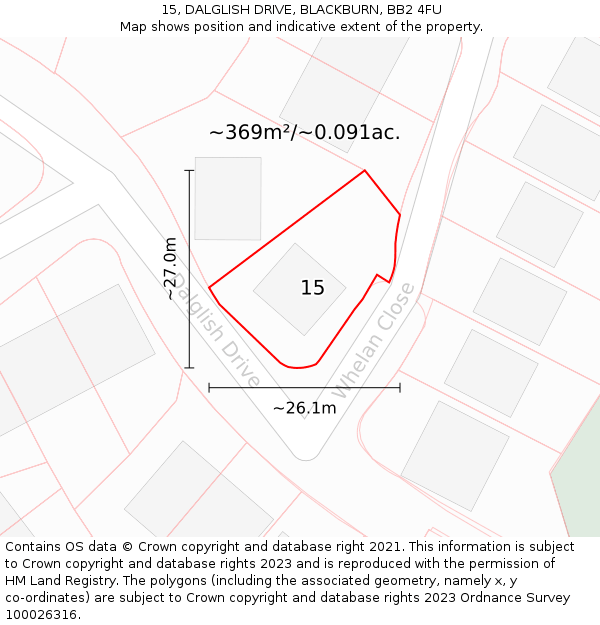 15, DALGLISH DRIVE, BLACKBURN, BB2 4FU: Plot and title map