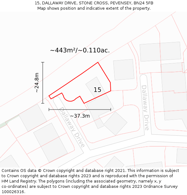 15, DALLAWAY DRIVE, STONE CROSS, PEVENSEY, BN24 5FB: Plot and title map