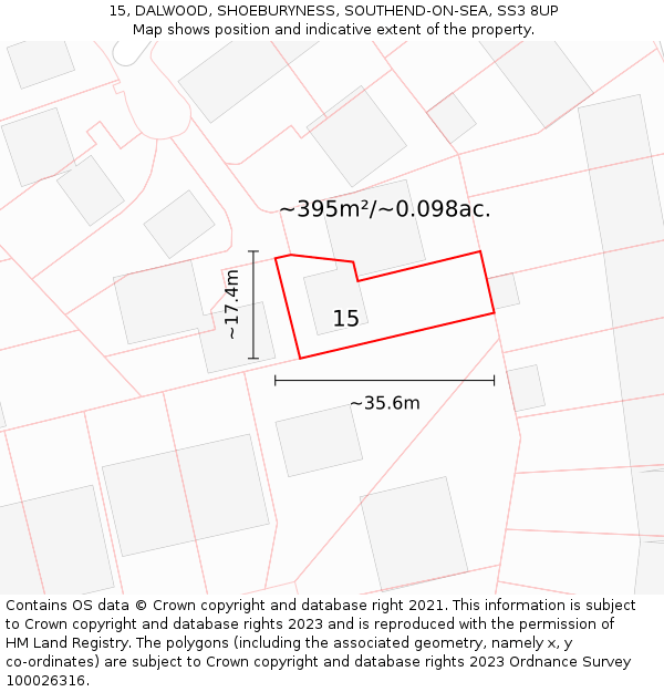 15, DALWOOD, SHOEBURYNESS, SOUTHEND-ON-SEA, SS3 8UP: Plot and title map