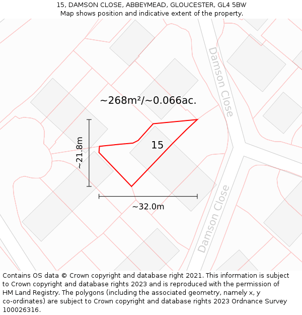 15, DAMSON CLOSE, ABBEYMEAD, GLOUCESTER, GL4 5BW: Plot and title map