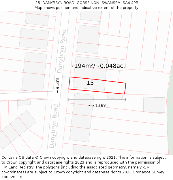 15, DANYBRYN ROAD, GORSEINON, SWANSEA, SA4 4PB: Plot and title map