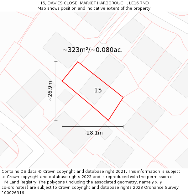 15, DAVIES CLOSE, MARKET HARBOROUGH, LE16 7ND: Plot and title map
